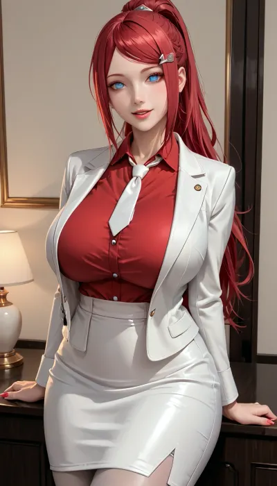 photorealistic, Kushina Uzumaki, character from the Naruto, (kushina uzumaki from the naruto:1.2), best quality, afterglow, 4k, ((masterpiece)), extremely detailed, 8k, trending on ArtStation, Intricate, High Detail, Sharp focus, curvy, 1girl, (beautiful face, perfect eyes:1.2), (milf:.5), (busty and curvy1.1), (thick:1.2), (thick thighs), ((bedroom background)), rating, safe, (huge breasts:1.2), (wide_hips), collarbone, (white suit jacket, red collared shirt, white necktie, long pencil skirt, pantyhose), solo_focus, sensual, seductive smile, parted lips, (long red hair, ponytail, swept bangs, bangs, hairclip, deep blue eyes), looking_at_viewer, standing, ((contrapposto)), 4ng3l, face, <lora:SDXL_BetterFaces-LoRA_v1:.5>, <lora:add-detail-xl:.5>, <lora:detailed_notrigger:.5>, score_9, score_8_up, score_7_up, score_6_up