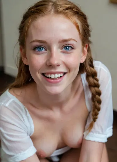 18 year old skinny horny slutty young adult girl, sexy little body, (and tight young pussy), ((no panties)), ginger, excited smile, best quality, photorealism, masterpiece, ice blue eyes, braid over shoulder, spread legs, damp white shirt, no bra, (hot pussy too wet:1.4)