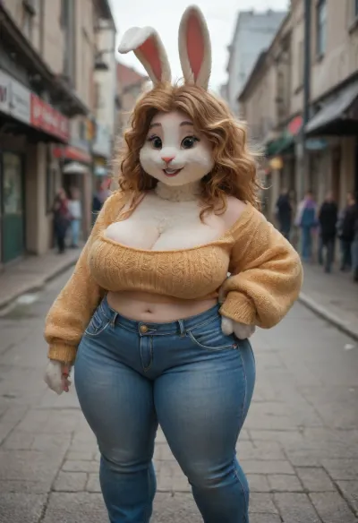 ((Bunny rabbit furry:1.8)), oversized curvy bbw, floppy big boobs, oversized wide hips, oversized thick thighs, smile, happy. Wearing oversized sweater, tight jeans, cleavage, decolette. Carrots in the hands. View from side, (animal)