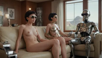 Cinematic view of George Jetson's home with ultra realistic photorealism, chrome accents. Two adults are sitting naked but wearing futuristic sunglasses fashion accessories while a shiny and chrome and naked robot serves them., zavy-cbrpnk, faceplate, <lora:zavy-cbrpnk-sdxl:.5>