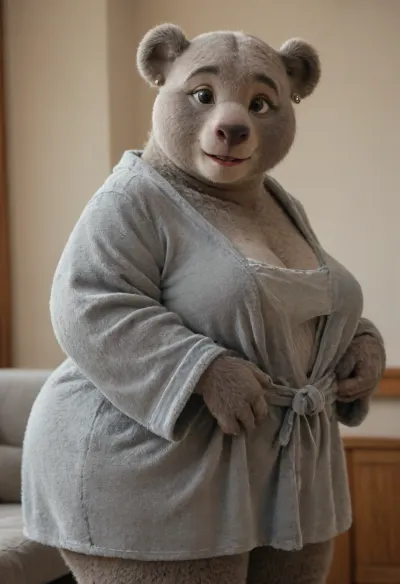 ((Grey Koala furry:1.8)), curvy bbw, floppy boobs, oversized wide hips, oversized thick thighs, smile, happy. Wearing transparent robe. View from side