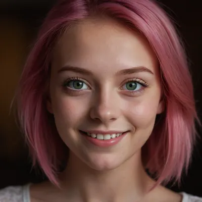 young 18 year old face pink hair big green eyes smiling, <lora:Hegre-Nude_woman-000001:.8>