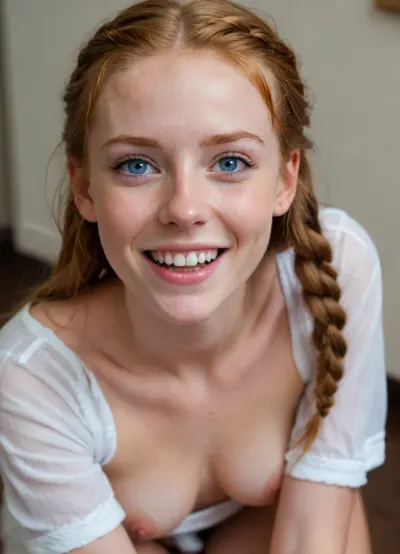 18 year old skinny horny slutty young adult girl, sexy little body, (and tight young pussy), ((no panties)), ginger, excited smile, best quality, photorealism, masterpiece, ice blue eyes, braid over shoulder, spread legs, damp white shirt, no bra, (hot pussy too wet:1.4)