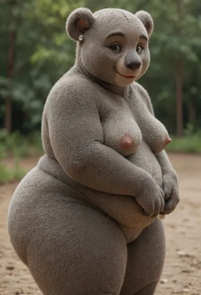 ((Grey Koala furry:1.8)), curvy bbw, floppy boobs, oversized wide hips, oversized thick thighs, smile, happy. View from side