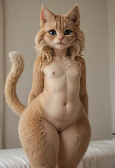 ((Fluffy cat furry:1.8)), cute, big eyes, long eyelashes, (animal:1.5), ((chubby)), (flat chested:1.5), (oversized wide hips:1.5), (oversized thick thighs:1.5), smile, happy. Nude., (View from side)