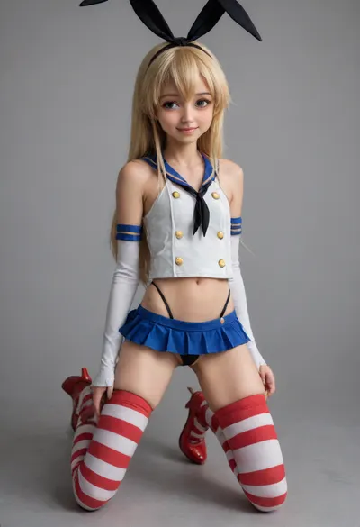 High quality and detail, (4K), (Shimakaze from kan colle, shimakaze cosplay, cute anime girl:2), (battleship), 18 years old, full body, very skinny, flat chest, (narrow skinny face), excited focused face, short small body, sexy legs, (anime style:1.6), (yellow blonde hair), overly excited pose, (red white striped knee high socks, tiny blue micro skirt, black g string, visible cameltoe, red high heeled latex boots)
