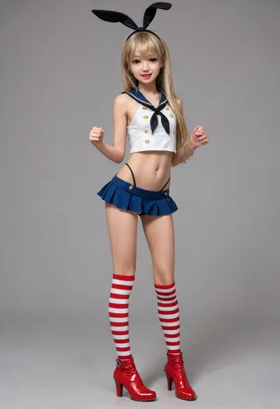 High quality and detail, (4K), (Shimakaze from kan colle, shimakaze cosplay, cute anime girl), (battleship), 18 years old, full body, very skinny, flat chest, (narrow skinny face), excited focused face, short small body, sexy legs, (anime style:1.6), (yellow blonde hair), overly excited pose, (red white striped knee high socks, tiny blue micro skirt, black g string, visible cameltoe, red high heeled latex boots)