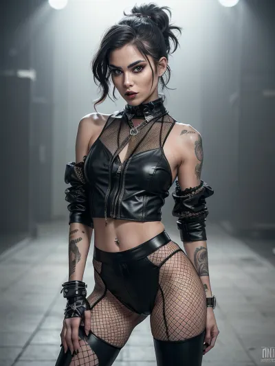 A gritty high-fashion photograph featuring a model with porcelain fair skin, adorned in modern punk attire consisting of ripped fishnet stockings, black leather pants, and a bold tartan shirt, showcasing a defiant expression with a subtle smirk. Her hair is styled in a messy, bold updo, with a few stray strands framing her sharp jawline. The model's eyes, lined with dark eyeliner, seem to pierce through the lens, exuding confidence and attitude. She's posed in a challenging, dynamic position, with one leg bent behind the other, conveying a sense of relaxed tension. The dark background, a deep, cool gray, provides a subtle contrast to the model's bold attire, allowing her to take center stage. The overall aesthetic is raw, edgy, and unapologetic, with a focus on capturing the model's unbridled energy and personality., ((super detailed professional photography)), masterpiece, photorealism, DSLR camera, best quality, best resolution, with UHD resolution, perfect composition of light and shadows, the brightest image, clear focus, depth of field, skinny, 32k, 30 mm lens, 1/250 s, f/2.8, ISO 300, perfect lights, ziprealism, detailxl
