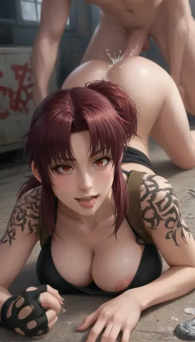 (Revy from Black Lagoon:1.5), hyper-realistic, (1, 9), wearing costume, she is being fucked senseless from behind by a man with an enormous penis, face on the floor, doggy style, (large breasts:1.2), smiling insanely, fucked silly, arched back, detailed face, very detailed, cum pooling on her back, pulling her hair, orgasm face, messy hair, cum on her back, side view, her ass is red from his hips slamming into them, ass up pose, nipple slip, excessive cum pouring out around his penis, projectile cum, cum on the ground, sweaty, Object, gd, sex, penis, large, one, breast, tongue, out, ahegao, drool, handrawn art style, marron, (dragon, ball_), <lora:Penis_XL:.5>, <lora:one breast out XL:.5>, Revy, 1girl, solo, long, hair, brown, eyes, ponytail, tattoo, tank, top, shoulder, revy, (black, lagoon), <lora:Revy:.8>
