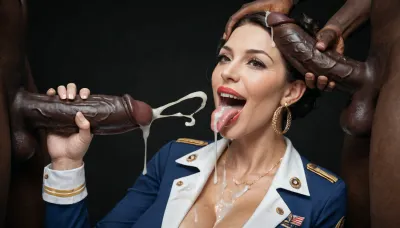 curvy beautiful woman, stewardess outfit, (milf:1), dark eyes, massive breasts, amused, surprised, happy, licking the head of a massive cock of a black african male with a gigantic thick 25 inch penis, huge erection, handjob, cumshot on tongue, (ejaculation:1.2), excessive cum on breasts, cum on tongue, cum dripping from tongue, black room, black background.