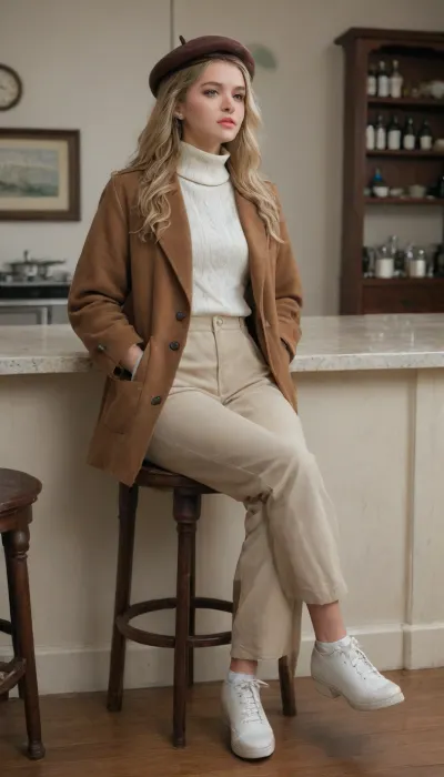 masterpiece, perfect face, 1 girls, long hair, blonde, adult, (bangs:1.1), (Realistic X:1.3), white turtle neck, pants, one hand in pocket, brown overcoat, brown beret, sitting counter chair, (looking away:1.1), white shoes, high chair, crossed legs