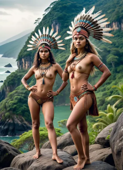 psychedelicai two naked 20-year-old girls standing doing tai chi in Indian headdresses and headscarves on a rocky outcrop in a lush, fantasy-like mountain landscape on the seashore. The scene is filled with tall trees, similar to the Araucaria angustiflora of Brazil, cascading waterfalls and misty mountains under a vibrant sky, and Hindu temples all around. The girls are adorned with intricate jewelry and bracelets and tribal tattoos suggesting a connection with nature, fractal, Meticulous, Refined, High-Quality, Well-executed, Extraordinary, Artistic Triumph, Unparalleled Masterwork, Sharp Focus, Precise Clarity, 32k, ultra-high resolution, Full-Frame DSLR, Global Illumination, Dynamic Lighting, soft particles, real-time ray tracing, extremely detailed, vedika, pinto, barbarian, detailxl, <lora:psychedelicai-SDXL:1.4>, <lora:Vedika_Pinto_SDXL_LoRA_adafactor:1.5>, <lora:RPGBarbariansXL:1.3>