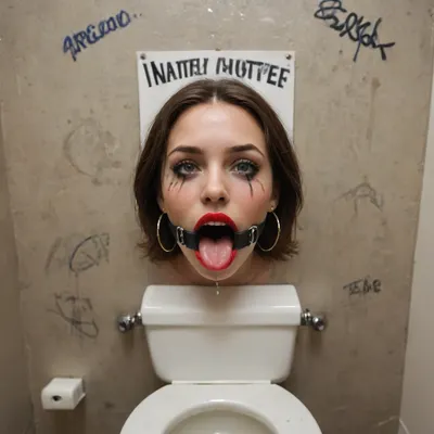 (human toilet in a bathroom), (woman stuck in wall mounted urinal:1.4), (only head visible:1.2), (look out of toilet:1.1), (pov:1), look up, bimbo face, red lipstick, slutty makeup, black pigtail, (questioning, unbelieving, raise eyebrow), (wide mouth spreader ring gag:1.2), (pissing cock:1.1), (piss in mouth:1.1), graffiti on walls, dirty surroundings, score_9, score_8_up, score_7_up, UHD 8K, masterpiece, best quality, maximum details, extreme realism, cinematic still
