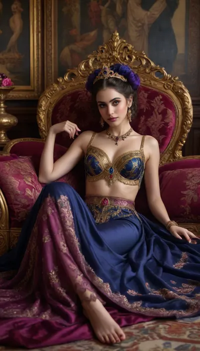Hyper-detailed portrait of a stunning demon girl with delicate horns, glowing slit-pupil eyes, and a mischievous smile, reclining sideways on a luxurious velvet divan adorned with golden tassels. She holds a bunch of ripe purple grapes near her lips, her sharp nails contrasting with the fruit's softness. The grand hall features marble floors with intricate mosaics, towering pillars wrapped in silk, and golden lanterns casting warm, ambient light. Around her, opulent platters overflow with pomegranates, figs, honeyed sweets, and jeweled goblets of wine. She wears a sapphire-blue eastern-inspired ensemble with elaborate gold embroidery, a sheer chiffon veil, and layers of ornate gold jewelry—chandelier earrings, serpentine arm cuffs, and a gem-studded belt. The scene is rich with细节, Persian carpets, peacock-feather fans, scattered rose petals, and ancient tapestries depicting mythical beasts. Ethereal wisps of dark smoke curl around her ankles, hinting at her supernatural essence. Cinematic lighting, vibrant colors, and ultra-realistic textures enhance the fantastical opulence