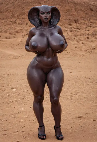 1 person, (anthropomorphic thick female cobra:1.3), beautiful young face, Natural Breasts
Huge boobs
ultra sexy cobra woman general, bigger cobra woman general, bigger lips, thicker lips, saggy breasts, bigger breasts, high heels, milf, cobra woman standing, bounce line, full hug, desert, gigantic saggy breasts, dark shiny skin, huge hips, massive breasts, (big puffy long black nipples), breasts reach midsection, voluptuous body, (naked), high detail, ultrarealism, photorealism, 30mm lens, ISO 100, (ultra high quality), 8k, extremely detailed picture, hyper realistic, HDR, extreme detailed, octane render, (extremely detailed photorealistic body:1.2), photorealistic, hyperdetailed, realistic, hyperrealism, professional photograpy, cinematic photography, (beautiful face:1.1), (beautiful cobra woman:1.5), detailed great face, (Great cobra body features:1.4), cheeky face expression, (smooth high textured black skin:1.3), (realistic sweat:1.4), (total black obsidian-colored skin:1.9), hairless pussy, shaved pussy, (thick black lips), big face, toned stomach, hard nipples, hyper waist, thick thighs, phat thighs, sexy thighs, tight ass, bubble butt, (Best Quality), (photorealistic), (hyperrealistic), intricate details, profesionalphotograpy, hdr, cinematicphotography, real woman human face, 32k, (hyper big tits:1.3), (wide hips:1.2), (thick thights), (hyper big round butt:1.2), (eye shadows), thick body, pawg girl, seductive face, bad, anatomy, hands, feet, flat, chest, big, breasts, huge, gigantic, small, hips, thighs, wide, thick, plump, belly, muscular, female, arms, extra, abs, <lora:badanatomy_SDXL_negative_LORA_SeaArtXL_v1:.6>, <lora:Venus_Body_Alpha:1.3>, raw, lighting, overexposed, harsh, flash, <lora:Rawfully Stylish v0.2_epoch_20:.8>, naga, <lora:NagaSDXL:.8>