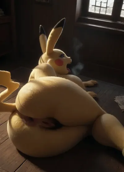 Pikachu, rabbit face, yellow furry, look up, open mouth, tongue out, heavy breath, animalcrossing, big breast, furry, large ass, seductive pose, room, hairy pussy, spread asshole, on sideway, from behind, electric aura, view from above, one leg up, <lora:dark:.4>, <lora:supersaiyanauraXL3:1.2>