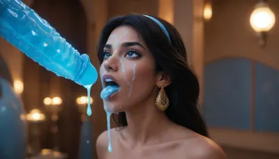 ((((Jasmine from Disney movie Aladdin)))), (looking up), ((glowing blue Genie creature huge dick from Disney movie Aladdin)), ((glowing Genie creature body)), (glowing skin), (((glowing blue cum))), ((opening mouth full of glowing blue cum)), (((glowing blue cum on face))), ((wide view of Jasmine mouth))