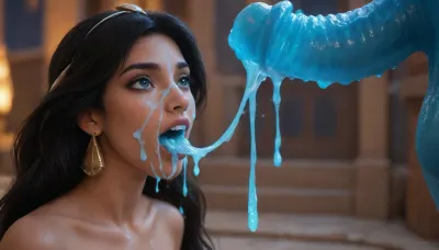 ((((Jasmine from Disney movie Aladdin)))), (looking up), ((glowing blue Genie creature huge dick from Disney movie Aladdin)), ((glowing Genie creature body)), (glowing skin), (((glowing blue cum))), ((opening mouth full of glowing blue cum)), (((glowing blue cum on face))), ((wide view of Jasmine mouth))