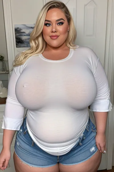 1 woman, white, American, hair, blonde, chubby face, pretty eyes, double chin, broad jawline, fat shoulders, strong arms, (((gigantic breasts under shirt:1.3))), (Wearing a loose wide oversized T-shirt white:1.2), blue Jeans, high Black Boots, high resolution, woman, 50 yo, slight wrinkles in face, looking into camera, Detailed Face, 3/4 body, chubby body, high definition face, high cheekbones, green eyes, seductive smile, fat ass, strong thighs, wide hips, bob haircut, bbw, chubby, plus-size, fat hips, denim, <lora:denimchicks:.8>