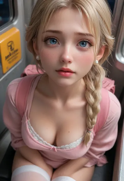 Night, nighttime, dimly lit, empty train, blonde, prncess elza from frozen, sophomore, bimbo, braided hair, sitting, tanned skin, huge enormous fake h-cup boobs, perfect face, insanely beautiful, pearl earrings, small backpack, she is lifting her tight pink top, white bra, checkered miniskirt, thigh high socks, sneakers, looking up to viewer, crying, tears on cheeks, close view from above