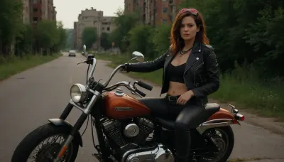 Destroyed post-apocalyptic city, abandoned high-rise buildings without windows, rusty broken cars of different brands on the sides of the street, all overgrown with grass and vines, on the street rides on a motorcycle Harley-Davidson Woman-biker, 40 years old, leather shorts, short leather jacket unbuttoned, no bra, hair covered with a bandana.
