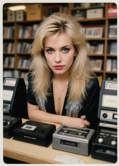 ziprealism, (1980s rock star, fierce attitude, rockstar sneer, seductive pose, 1980 fashion:1.6), (record store, music store, cashier, clerk, cassette tapes), (avant-garde analog snapshot esthetic, analog photo, rounded picture border, scanned photograph, sharp focus, medium closeup, focus on eyes:1.8), (ash blonde hair, 1980 hair style, glam hair, feathered hair:1.8), (livid lipstick:1.2), (softly blurred background, soft bokeh), (natural skin texture, realistic skin details, subtle vellus hairs), (maximum clothing detail), (maximum hair detail, natural hair texture), (perfect eyes, maximum eye detail, expressive eyes, realistic eye texture:1.4), (style of Wayne's World)