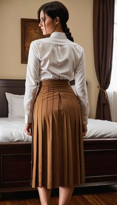 pieck finger from attack on titan, luxury bedroom, wolfcut, dark hair, clear eyes, tired eyes, white shirt, long skirt, brown pleated skirt, exessive cum on skirt, conservative clothes, ultra tight waist, arch back, large hips, bulging ass, brown platform heels, hdr, no blur, back view