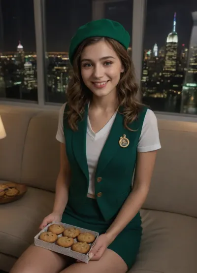(masterpiece, best quality, high resolution, photorealistic, cinematic lighting), 1 woman, white skin, (sitting demurely on a couch), (holding a box of cookies), very cute, happy smiling face, (mousy brown hair), medium length hair, (straight hair with a slight curl), wearing a green French beret, skinny, short waist, petite, (wearing a 100% completely unbuttoned green vest over a white tee shirt), (wearing a green pencil mini skirt), in an extravagant penthouse, marble floors and decorations, couches, chairs, windows looking over a city skyline, midnight, stars, moonlight, <lora:ahxl_v1:.8>, <lora:HandFineTuning_XL:.8>