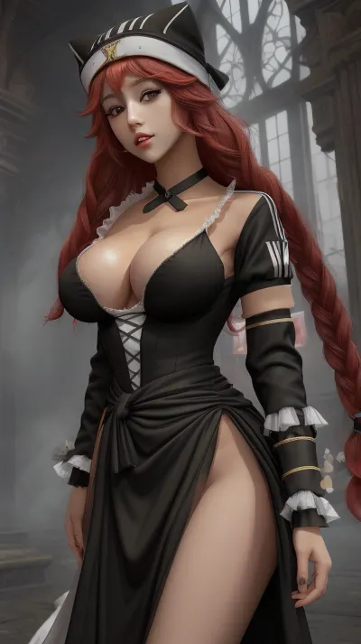 (masterpiece:1.3), (best quality:1.2), 8k, absurdres, unity 8k wallpapper, (extremely detailed:1.3), (Beautiful), (masterpiece, best quality), black dress, standing, voluptuous body, big breasts, gumdrop nipples, overgrown hairy pussy, clothes moved to the side, breasts exposed, pussy exposed, playing with her own pussy, lupusregina_beta, hat, choker, black, dress, <lora:lupusregina_beta-10:.8>