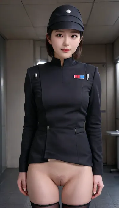 30 years old milf lady, Very attractive, short slicked hairstyle, Imperial, officer, wearing, a, (black), uniform with imperial officer hat, short tunic that makes her genitals visible, nude genitals, ((no pants on)), ((naked visible genitals)), very hairy pussy, dark spaceship background, skirtlift, aiuehara, <lora:Imperial Officer:.8>, <lora:skirtlift_xl:.5>, <lora:aiUehara_LoRA_R21:.8>