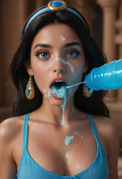 ((((Jasmine from Disney movie Aladdin)))), (looking up), ((glowing blue Genie creature huge dick from Disney movie Aladdin)), ((glowing Genie creature body)), (glowing skin), (((glowing blue cum))), ((opening mouth full of glowing blue cum)), (((glowing blue cum on face))), ((wide view of Jasmine mouth))