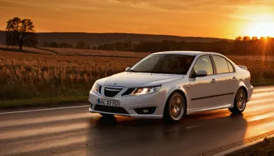 white saab 9-3 car, drifting, sunset