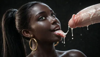 close-up, beautiful woman, perfect 10, 19yo girl, cute face, naked black woman, extremely black skin, very black skin, African, Nigerian, Nubian, pitch black skin, 100% black skin, eyes wide open, black eyes, enjoying, tight ponytail, faint smile on her face, sucking huge 25 inch white penis, penis lying on her tongue, black hair, tongue sticking out of her mouth, (cum on tongue), cum dripping from her tongue, projectile cum, dark room, black background.