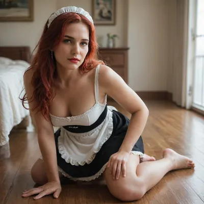 (1girl), named Ainsley, (Swedish milf:1.2), (smooth long hair:1.1), (bright-red hair:1.1), (sharp facial features:1), red lipstick, well-built, medium breasts, normal waist, (black sleeveless maid dress with white trim:1), (maid hood:1.1), barefoot, solo woman on the floor of a bedroom, portrait, kneeling, amused, slightly aroused, (score_9, score_8_up, score_7_up, UHD 8K, masterpiece, best quality, maximum details, natural light, extreme realism, cinematic still)