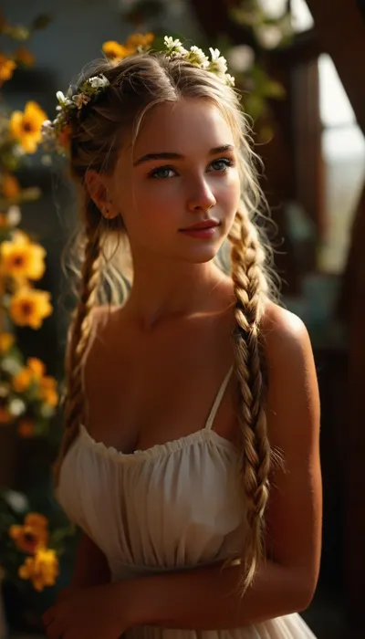 score_9, score_8_up, score_7_up, 8k uhd, hyper realistic, 3/4 body view, tanned, white translucent minidress, ((view from deep below)), (Greek goddess), 19 years old, (perfect body), (long blonde braids), firm small breasts, hard nipples, naked lap beneath flowing minidress, naked shaved pussy, fancy hairstyle, wreath of flowers in her hair, (perfect beautiful face), enchanting questioning smile with one twinkling eye, sunlight coming from behind, oculus, (skylight), backlit, high contrast, (dramatic lighting), outdoors, <lora:attractive_notrigger:.9>, <lora:Midjourney Image Enhancer XL v1:.5>, <lora:MJ52:.5>, <lora:sunnyrayyxo_v1_SDXLBase:.8>