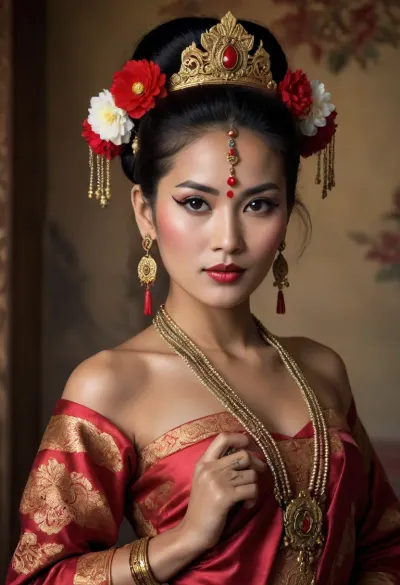 glossy magazine cover style, A beautiful slender adult Bhutanese woman in traditional decorated clothing, jewelry and war paint with elaborate hairstyle in lingerie, handsign to viewer, #©KITTYART





































#©KITTYART