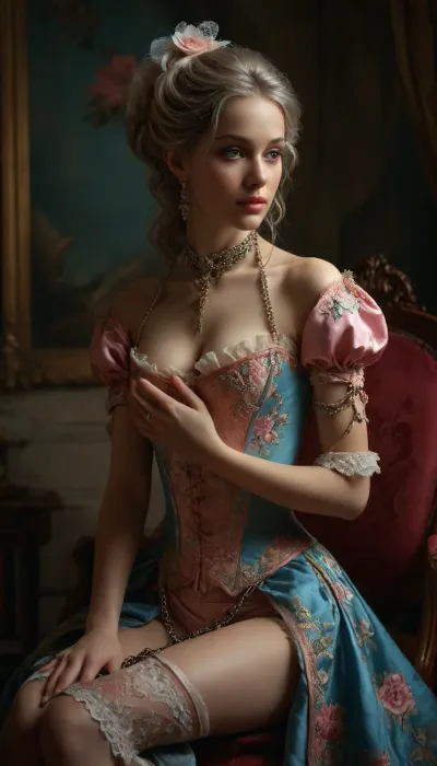 woman, a painting of a women, inspired by Jean-Baptiste van Loo, trending on cg society, rococo, medieval high fashion, sakimichan frank franzzeta, imperial royal elegant clothing, pink and blue, cg society, rendering, Lori Earley, profile picture, 1800s painting, elegant glamorous cosplay, rococo color palette, by Magali Villeneuve, fully clothed. painting of sexy, aesthetic, trending on pintrest, powdered wig, the empress tarot card, historical reenactment, perfect hands, five fingers, perfect fingers, correct arms, correct hands, perfect legs, perfect body, correct clothes, sucking cock, sex from behind, correct anatomic body, correct anatomic legs, correct anatomic hands, correct fingers, only five fingers, correct anatomy, correct body, correct legs, Garterbelt, black, fabric, floral, embroidery, wearing, the, garterbelt, iron, chains, <lora:MJ52:.8>, <lora:GarterbeltXL:.8>