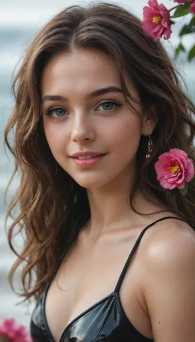 young woman, open eyes and smile, shiny latex bodysiut, wave, mistic world, colorful flowers, vivid colors