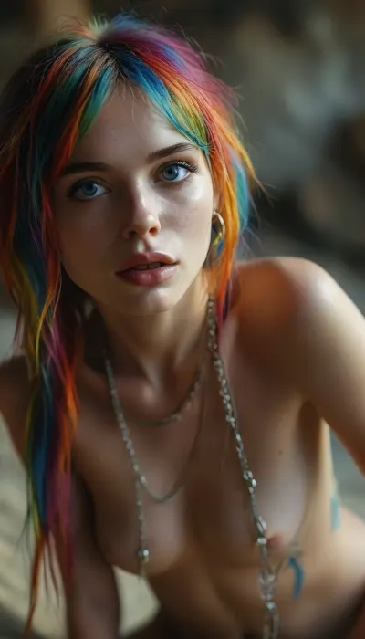 Wide opened mouth, long tongue out, ahegao, mouth cum, scenic photo, Extremely realistic detailed, ultra realistic smart incredibly beautiful seductive face, young escort woman, super model, 18 years old, (very slim, anorexic figure), long very shapely legs, narrow waist, looks directly at the viewer, stylish long straight multicolored rainbow, (long legs, perfect legs, sensual Seductive, big bright blue eyes, beautiful eyes), flirtatious excited expression, ((posing over viewer on a detailed scenic tropical island beach)), ((erotic nude)), ((viewed from below:1.3)), my young 18 years old step sister, (young face:1.6), (young body:1.2), small hands, is doggystyle, in front of my, ((Massive cock:1.5)), wearing a tight summer multicolored torn dress, shocked, (rough anal sex:1.6), deepthroat, (elegant long multicolored rainbow haircut:1.5), ((slim body)), cum anal, crempie anal, cleaveage, small tits, small weist, peace, sign, (sexy small breasts:1.3), (small waist:1), (tiny dark erect nipples:1.2), (tiny butt:1.3), (thin thighs:1.4), (short legs:1.6), tight ass, (tiny ass:1.6), beautiful face, very small breasts, messy rainbow multicolor hair, rainbow stockings, rainbow gloves, rainbow fishnet bodysuit, handcuffs, chains, chainedbelt, bondage, bound, tied, slave, cum, (best blue eyes ever:1.5), (hanging nipple ring chains:1.3), (clit ring:1.4), Focus on meaty realistic vagina, detailed oiled skin, vibrant colors, realistic smooth deeply tanned skin, highly detailed, entire body, ultra realistic, (white skin. smile), HDR photo, best quality, ultra-detailed, masterpiece, finely detail, highres, 8k wallpaper, photorealistic, perfect illumination, best shadow, best shot, ((engaging view)), full scene picture, bhands, perfect fingers, little hands, (5/6th body:1.5), the woman is looking with amazement at viewer, (looking up), detailxl, perfecteyes, <lora:MJ52:.7>, <lora:lora-sdxl-perfect-eyes:.5>, <lora:style_lora_realis:.7>