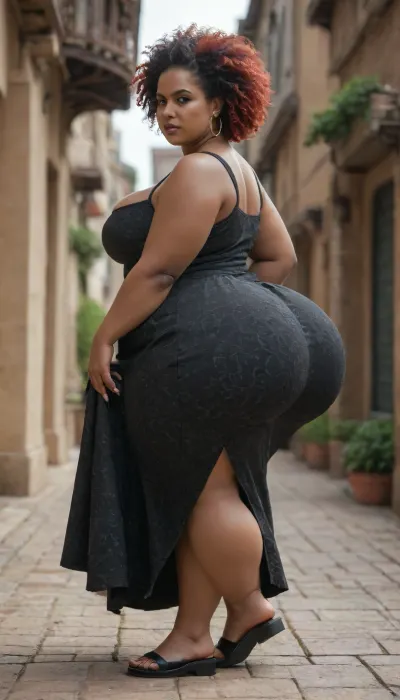 chubby woman, (plump:1.1), chubby, massive ass, walking, fantasy setting, spikey red hair, (african race:1.2), (hyper ass:1.1), (wearing goth dress:1.1), bouncy, sassy, snarky, side view chubby woman, (plump:1.1), chubby, massive ass, walking, fantasy setting, spikey red hair, (african race:1.2), (hyper ass:1.1), (wearing goth dress:1.1), bouncy, sassy, snarky, side view