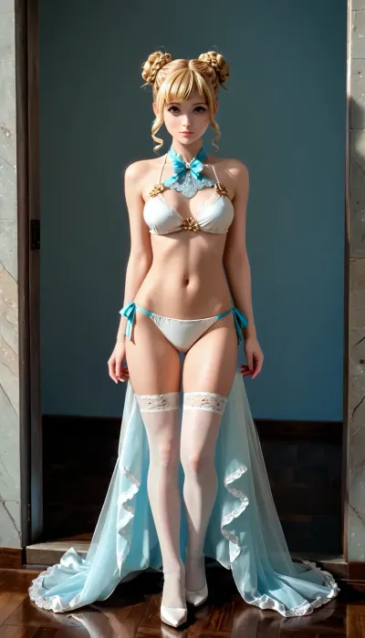 beautiful girl, short pixie haircut, blonde, bare breasts, looking at the viewer, 4ng3l, face, detailxl, WhiteRealStockings, fashion bikini, underwear, Lace, braided, double, bun, floofy, bob, side, twin, drills, twintails, ojou, curls, mega, ponytail, big, hair, carefree innocent look, full body view, <lora:xl_more_art-full_v1:.5>, <lora:SDXL_BetterFaces-LoRA_v1:.5>, <lora:WhiteRealStockings_XL:.5>, <lora:Bikini_02_lora:.5>