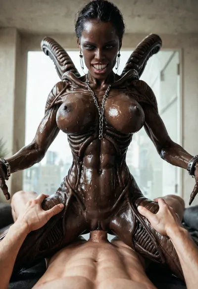 Super realism, ((black skin)), xenomorph queen with human face, ((spread hands)), chained to the walls, cell, black-skinned female, no tail, no hair, ((perfect woman face)), (((human face))), ((perfect human pussy)), pussy fucking, big dick, monster cock, POV, human massive dick, fuck with man, high detail pussy, high realistic, beautiful 20yo woman face, ((front of head human from forehead transitioning to elongated back part xeno)), ((human face of beautiful woman with normal teeth and eyes)), oiled body, wet body, breast, grab, cowgirl, position, girl, on, top, straddling, grabbing, sex, vaginal