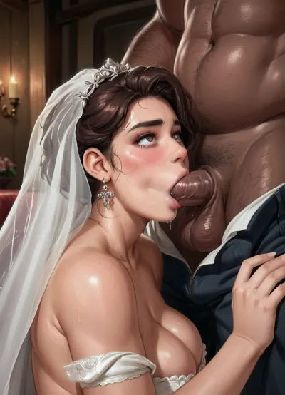 Swedish chubby milf, ((huge black African brute)), (scared:1.1), (white groom undressing bride:1.5), wedding dress, blonde, interracial, moisture art, dross art, reiq art, short slim chubby woman, beautiful detailed face. cheating wife, close view, bedroom, naked African brute, (blowjob:1.3), tall man short woman, Low-key, lighting, Style, dim, low, dramatic, partially, covered, in, shadow, warm, light, style, perfect, blemish, detailed, (with, blushing, cheeks:1), photo, portrait, <lora:MS_Real_XL_Bukkake:.3>, <lora:polyhedron_all_sdxl-000004:.8>, <lora:real-humans-PublicPrompts:.8>