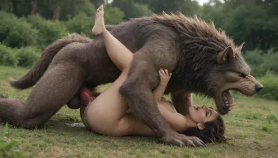 vaginal sex, cum inside, knotted werewolf penis, modern-werewolf, mating press, fast movement, howling, in the fields, excessively hairy bush, dense long pubic hair, excessive pubic hair, <lora:253562_training_data:.8>, <lora:Modern_Werewolf:.8>