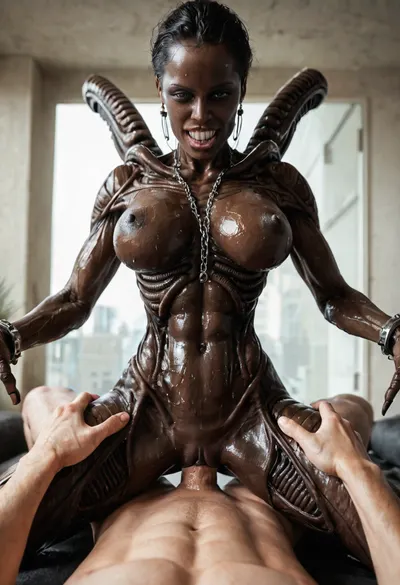 Super realism, ((black skin)), xenomorph queen with human face, ((spread hands)), chained to the walls, cell, black-skinned female, no tail, no hair, ((perfect woman face)), (((human face))), ((perfect human pussy)), pussy fucking, big dick, monster cock, POV, human massive dick, fuck with man, high detail pussy, high realistic, beautiful 20yo woman face, ((front of head human from forehead transitioning to elongated back part xeno)), ((human face of beautiful woman with normal teeth and eyes)), oiled body, wet body, breast, grab, cowgirl, position, girl, on, top, straddling, grabbing, sex, vaginal