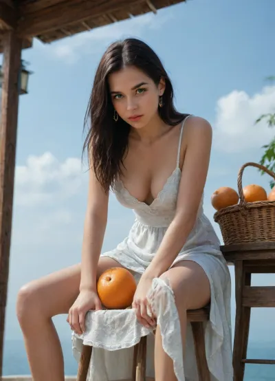 (1 beautiful girl), 24 years old, long black hair, slim, (wearing a light blue summer dress), loose fitting dress, (((full natural breasts, cleavage))), (hourglass figure), ((sitting on a stool)), (((hands on legs))), (oranges in basket, on table), (((clear blue sky background))), empty background, from below, (((simple composition))), summer