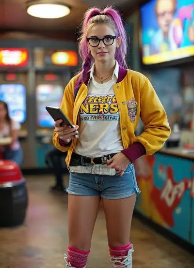 Revenge of the Nerds all female cast, **Movie Poster Prompt, All-Female Remake of *Revenge of the Nerds***

The movie poster for an all-female remake of *Revenge of the Nerds* features an electrifying blend of bold colors, edgy humor, and a modern feminist twist on the classic. The central image is of five diverse, confident young women standing strong, with each of them showcasing their own unique, quirky personalities. They're gathered in a triumphant, slightly rebellious pose, with a mixture of determination and mischief in their eyes.

**Main Characters, **

1. **The Brainy Leader**, A woman with oversized glasses, dressed in a bright, stylish, and somewhat unconventional lab coat. She’s holding a laptop in one hand and a textbook in the other, embodying both intelligence and coolness. Her glasses reflect the digital world, hinting at a mastery of technology.

2. **The Jock Nerd**, A muscular, athletic woman wearing a vintage varsity jacket, combined with sneakers and a science-themed T-shirt. She confidently holds a basketball in one hand, while the other clenches a smartphone. Her posture shows she's both physically powerful and mentally sharp.

3. **The Fashion Geek**, A fashionable, creative woman with wild, brightly colored hair. She’s rocking a trendy DIY outfit, made of eclectic fabrics and accessories, with a sketchbook under her arm. She's flashing a big smile, full of personality and charm, signaling she's defying expectations of "nerdy" style.

4. **The Rebel**, A mysterious woman with a leather jacket, combat boots, and a stack of comics or graphic novels in hand. Her rebellious aura exudes independence, but there's a twinkle of humor in her eyes, hinting that she's not afraid to break the rules to make her own mark.

5. **The Tech Guru**, A quiet but fierce woman sitting on a high-tech gadget-laden hoverboard, surrounded by holographic screens. Her eyes are intense, focused on her latest coding project, with a futuristic vibe that blends both cutting-edge innovation and youthful energy.

In the background, you can see the contrast of their old, outdated college with the modern, colorful graffiti that covers the walls, symbolizing their mission to turn the stereotypical "nerdy" image on its head and make it their own. The setting evokes a playful, rebellious tone, combining techie culture with college hijinks.

**Tagline**, *Brains. Brawn. Beauty. Revenge.*

The tagline hovers just above the title in bold, electric neon lettering, with the phrase “Revenge of the Nerds” placed prominently at the bottom. The title appears in bright purple and yellow, with a quirky 80s-style font that nods to the original, but updated with a sharp, contemporary flair., <lora:MJ52:.8>, but, <lora:BUT_SDXL_SHS:.8>