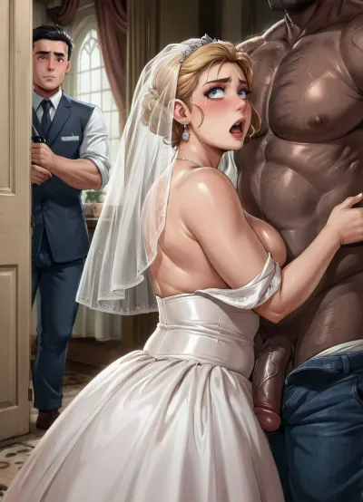 Swedish chubby milf, ((huge black African brute)), (scared:1.2), (white groom undressing bride:1.5), (white cuckold groom:1.5), wedding dress, blonde, interracial, moisture art, dross art, reiq art, short slim chubby woman, black cock, beautiful detailed face. cheating wife, full body, close view, bedroom, naked African brute, (cuckold undresses her from behind:1.3), tall man short woman, Low-key, lighting, Style, dim, low, dramatic, partially, covered, in, shadow, warm, light, style, perfect, blemish, detailed, (with, blushing, cheeks:1), photo, portrait, <lora:MS_Real_XL_Bukkake:.3>, <lora:polyhedron_all_sdxl-000004:.8>, <lora:real-humans-PublicPrompts:.8>