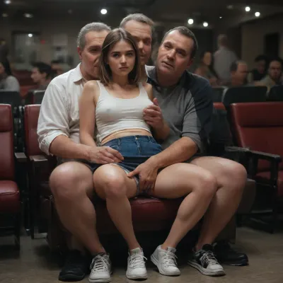 Dark lighting in the cinema, very dark, The cinema is full of people, ((an old man is sitting in one chair, a girl is sitting in the other chair)), ((((19yo girl sits with his legs spread)))), (((near fully clothed fat old man sitting in the next chair and groping the girl))), ((fingering)), (Youthful), (short), (((petite))), (narrow hips:1), ((small ass)), (really thin thighs), (((Medium perky breasts))), (plain white tank, skirt, white panties), (white sneakers), (masterpiece, best quality), high quality image, level camera, ((full-body image)), ((extreme distance shot)), (long shot), ((Blonde hair)), (people watching cinema in the background:1), (short blonde hair), fair skin, upturned nose, dimples, (soft round chin), ((neutral expression)), ((green eyes)), (((background inside cinema))), (dark overhead lighting), <lora:estheticFutanariTrap_tr39:.3>