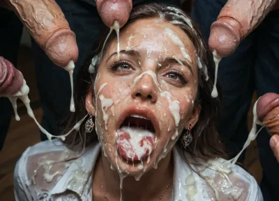 (detail 40 yo milf face), realistic cum, (cum on clothes), cum on, (Cum flows:1.5), (cum on body), cum on hair, (cum on face), bukkake, ((Clothes and body covered with semen)), (mouth wide open:1.4), (mouth filled with cum:1.5), beautiful face, (cum on hair:1.3), young adult woman
